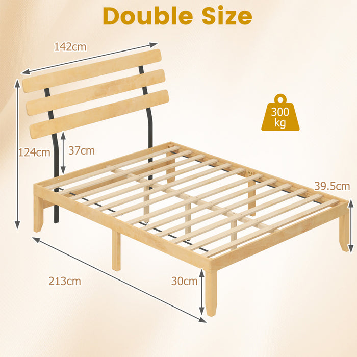 Solid Wood Platform Bed with Retro Headboard Slats Support Mattress Foundation-Natural-