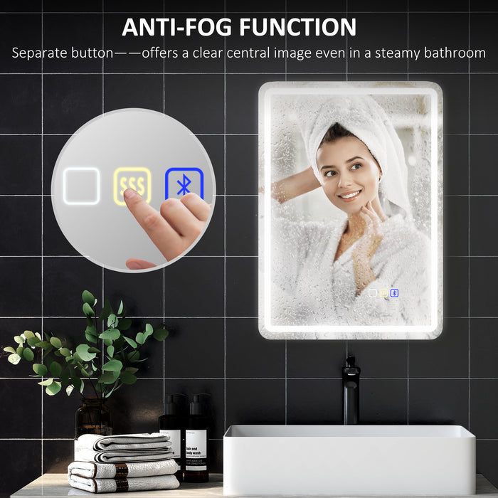 HOMCOM 60 x 80 cm Bluetooth LED Bathroom Mirror with Clock Anti-Fog - Silver Tone