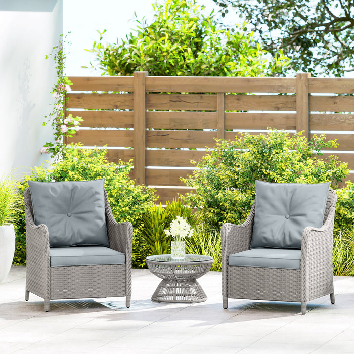 Outsunny Rattan Garden Chairs Set of 2, Outdoor Rattan Chairs with Cushions, Armrests and High Back, PE Wicker Garden Armchair with Steel Frame for Balcony, Porch, Light Grey