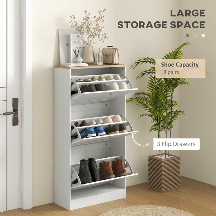 3-Drawer Shoe Cabinet - Space-Saving Narrow Storage for 18 Pairs, Entryway & Hallway Organizer - Sleek White Freestanding Rack