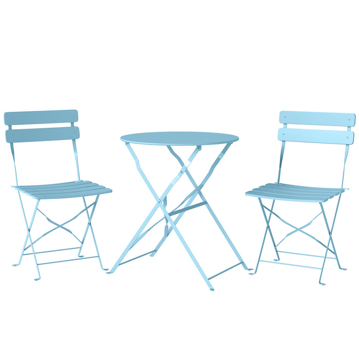 Outsunny Folding Garden Bistro Set, Outdoor Round Bistro Table and Chairs Set 2 with Electrophoresis Metal Frame, Light Blue