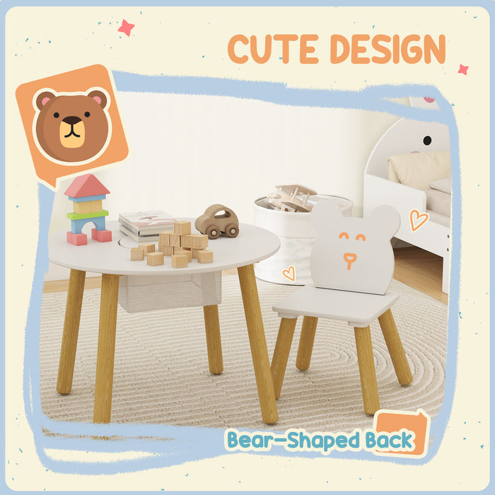 AIYAPLAY 3-Piece Kids Activity Table Set with Centre Mesh Bag, Bear-Shaped Backrest, for Arts and Crafts, Reading, White