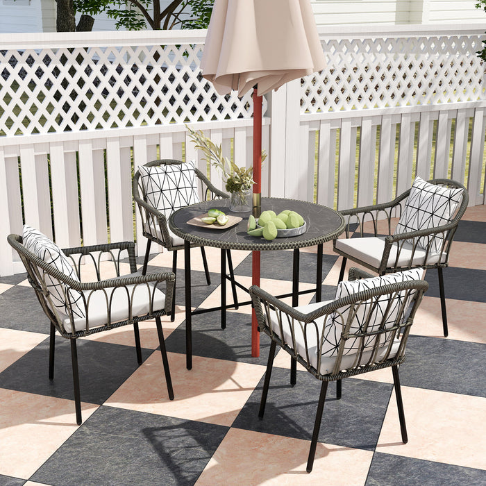 Outsunny 5 Piece Patio Rattan Dining Set, Wicker Garden Table and Chairs w/ Removable Seat & Back Cushions, Round Tempered Glass Tabletop, Parasol Hole, Outdoor Furniture Conservatory Set, Grey