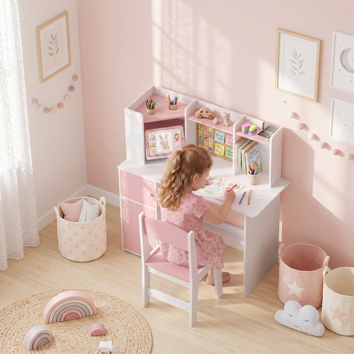 AIYAPLAY Kids Desk and Chair Set Storage Shelves Kids Desk Adjustable Tablet Stand Cork Board Pen Holder Pink