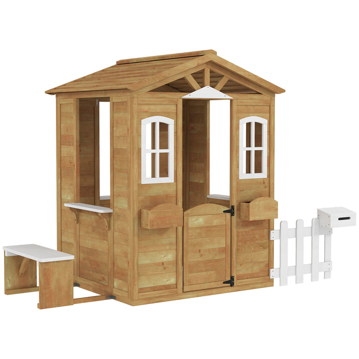 Outsunny Wooden Playhouse for Kids with Door, Windows, Mailbox, Flower Pot Holder, Serving Station, Bench for Children, Yellow