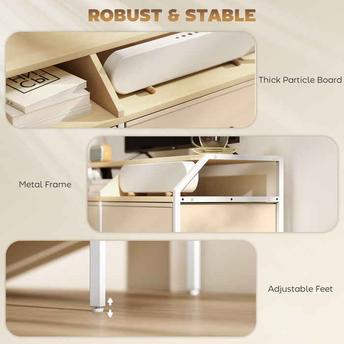 HOMCOM TV Stand Cabinet, TV Unit for 55-inch TVs with 2 Foldable Fabric Drawers, 5 Divided Side Pockets, Open Shelves, Console Table for Living Room, Bedroom, Entertainment Room, Natural Wood Finish