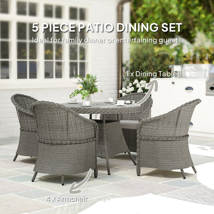 Outsunny 4 Seater Rattan Garden Furniture Set with Cushions, Round PE Rattan Dining Set with Glass-Top Table, Umbrella Hole, Outdoor Garden Table and Chairs, Grey