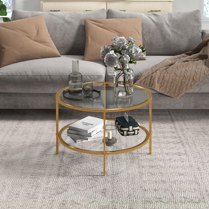 HOMCOM Round Coffee Table with Storage, 2-Tier Tempered Glass Coffee Table with Steel Frame for Living Room, Gold Tone