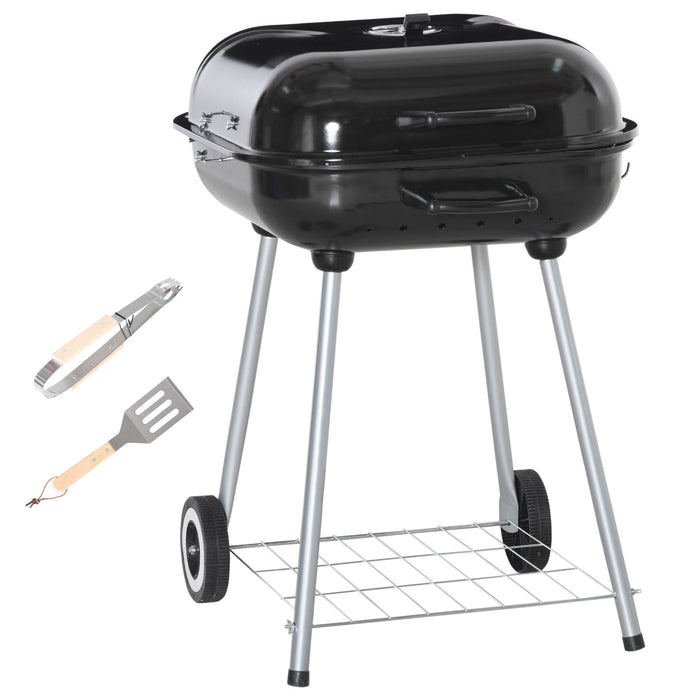 Outsunny Portable BBQ Charcoal Grill with 2 Wheels and Cooking Utensils, Smoker Grill with Lid for Outdoor Barbecues, Camping, Picnic, Courtyard