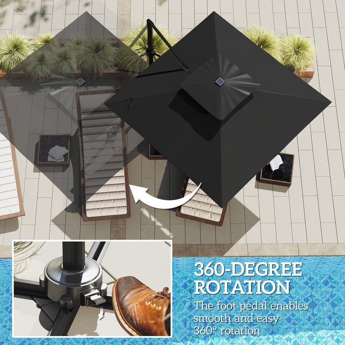 Outsunny 3.5x3 m Garden Cantilever Parasol with Solar LED Lights and Centre Light, Aluminium Large Square Patio Umbrella, UPF50+ Hanging Sun Shade with Cross Base, Crank Handle and Tilt, Black