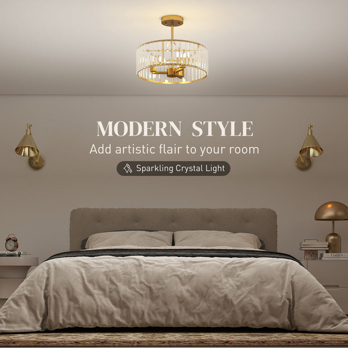 HOMCOM Crystal Ceiling Light Fixture, Semi Flush Mount Modern Crystal Chandelier Ceiling Light for Living Room, Bedroom, Hallway,  Dining Room, E14 Base 3-Lights, Gold Tone
