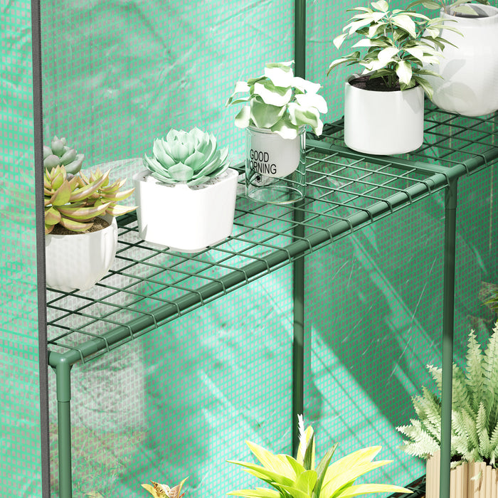 Outsunny Walk-in Greenhouse with 2 Tier 4 Shelves, Small Greenhouse with Reinforced PE Cover, Garden Plant Growhouse with Roll-up Door, 120 x 186 x 190 cm, Green