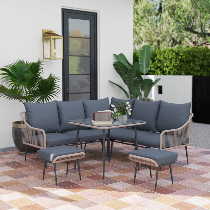 Outsunny 6 Piece Garden Furniture Set, Garden Corner Sofa Set with Thickened Cushions, Outdoor Patio Furniture Set with Glass Top Table, Footstools for Conservatory, Light Brown