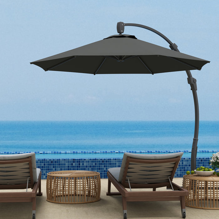 Outsunny 3(m) Garden Cantilever Parasol, Round Overhanging Umbrella with Crank Handle, Cross Base, Aluminium Frame and 360° Rotation, Banana Patio Umbrella for Outdoor Sun Shade, Grey