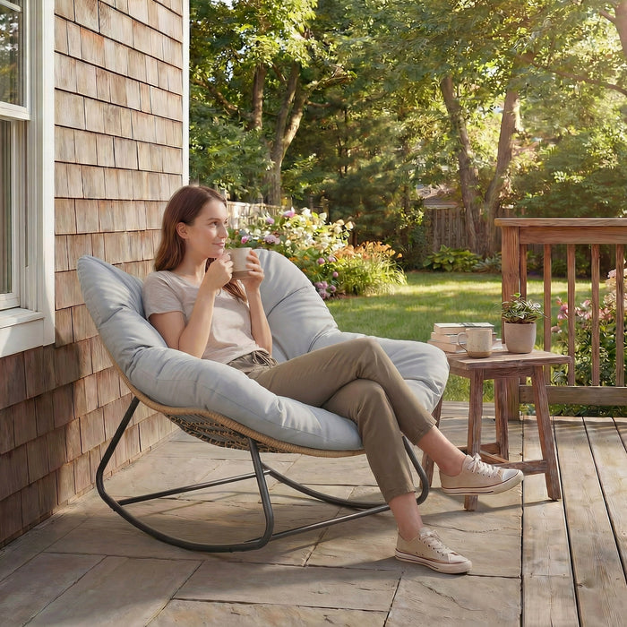 Outsunny Indoor Outdoor Rocking Chair, Oversized Rocking Egg Chair with Cushion for Living Room, Garden, Patio, Light Grey