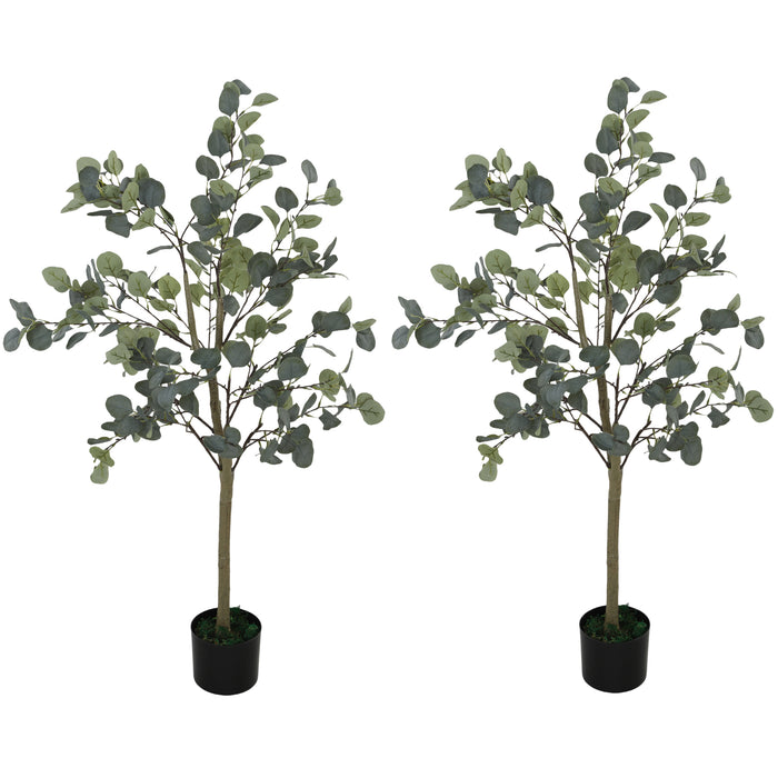 HOMCOM Set of 2 Decorative Artificial Plants, 4ft/ 120cm Silk Eucalyptus Trees with 230 Silver Dollar Leaves in Pot, Fake Plants for Home, Office, Living Room, Indoor Decor