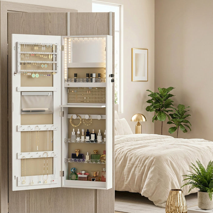 HOMCOM LED Mirror Jewellery Cabinet, Wall Mounted Full Length Mirror with Storage, Lockable Jewellery Organiser, White