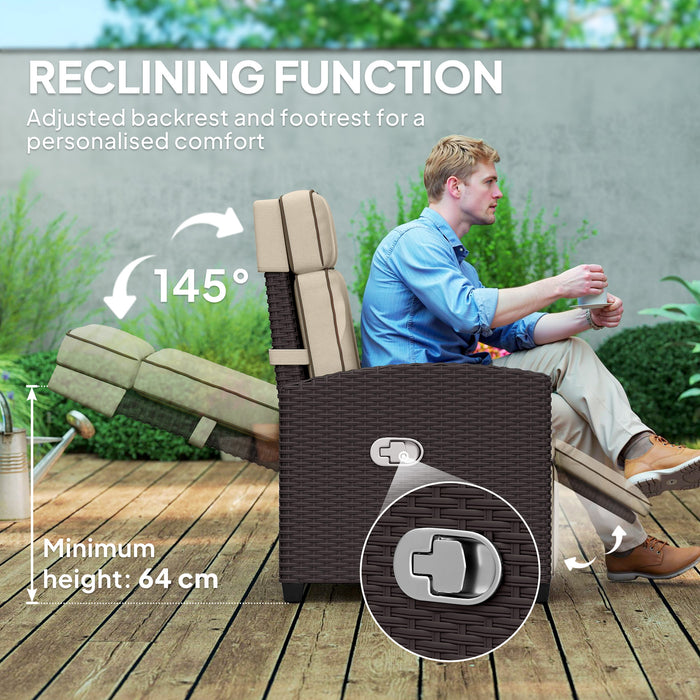 Outsunny Rattan Garden Recliner Chair, Adjustable Backrest Reclining Rattan Chair with Flip Table, Cushion and Footrest, Indoor Outdoor Lounge Reclining Sun Lounger for Patio, Dark Brown/Khaki