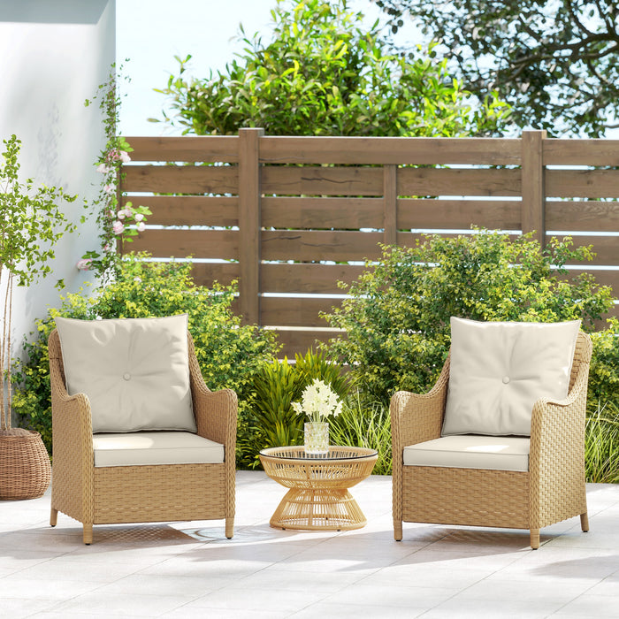 Outsunny Rattan Garden Chairs Set of 2, Outdoor Rattan Chairs with Cushions, Armrests and High Back, PE Wicker Garden Armchair with Steel Frame for Balcony, Porch, Beige