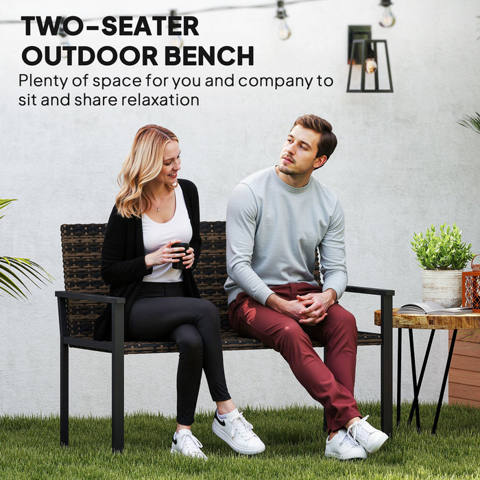 Outsunny 2 Seater Rattan Garden Bench, Outdoor Bench with Quick-Drying Cotton Padding, Wicker Garden Loveseat with Armrests, Steel Frame for Patio, Park, Mixed Brown