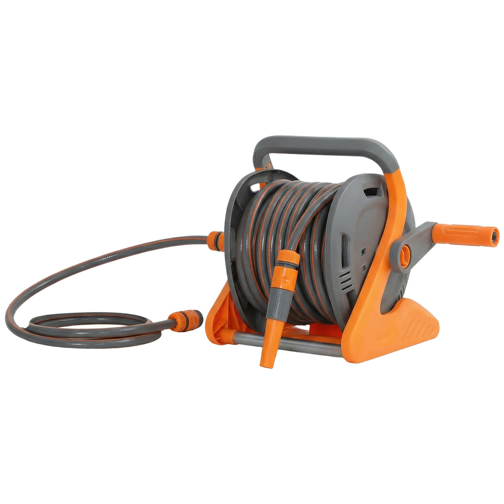 Outsunny Portable Garden Hose Reel, 20+2 m Wall Mounted Hose Reel with 2 Patterns Spray Nozzle and Crank Handle, Orange
