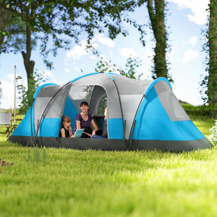 Outsunny 5-6 Man Camping Tent, Tunnel Tent, Water Resistant Hiking Shelter with Groundsheet and Carry Bag, Light Blue