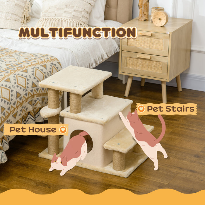 PawHut Adjustable Cat Steps, with House & Hanging Toy Ball - Beige | Aosom UK