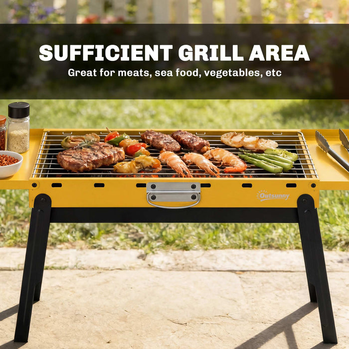 Outsunny Portable BBQ Grill, Foldable Charcoal Grill for Camping and Picnics with 2 Side Shelves and Handle, Yellow