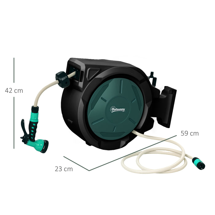 Outsunny Retractable Hose Reel Wall Mounted, 30+2m Garden Hose Pipe Reel with Lock, Auto Rewind, 7 in 1 Spray Nozzle, Includes Wall Fixings, 180° Swivel, Outdoor Watering, 59 x 23 x 42 cm, Green