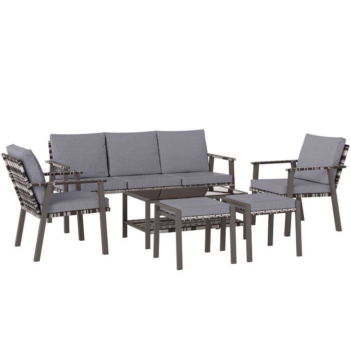 Outsunny 5 Piece Rattan Garden Furniture Set with 3-Seater Sofa 2 Chairs and 2 Footstools - Grey