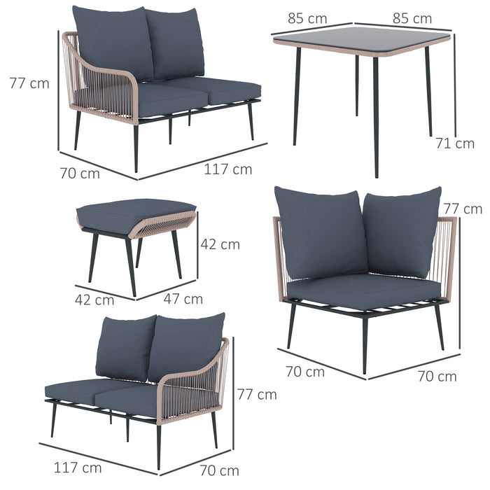 Outsunny 6 Piece Garden Furniture Set, Garden Corner Sofa Set with Thickened Cushions, Outdoor Patio Furniture Set with Glass Top Table, Footstools for Conservatory, Light Brown