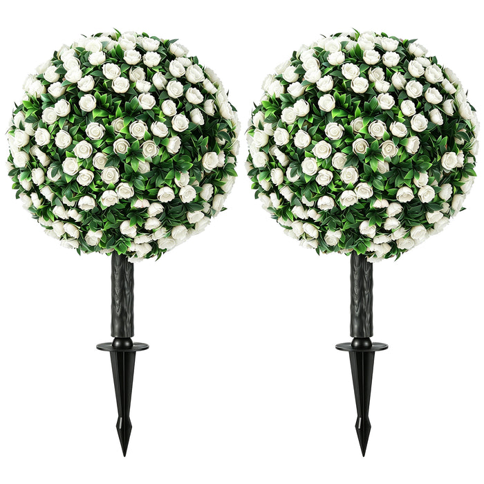 HOMCOM Artificial Rose Topiary UV Resistant, 2-Pack Fake Plants, 55 cm, White