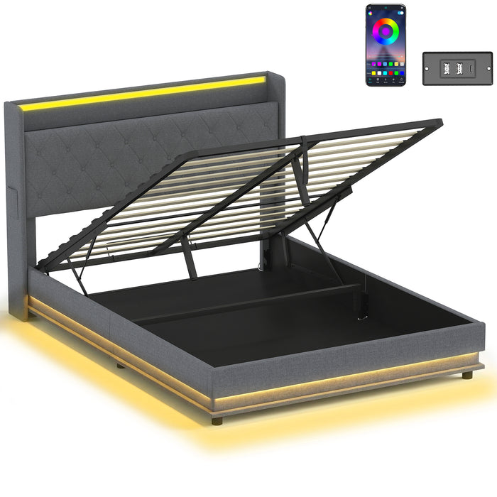 HOMCOM 5ft King Bed Frame with Headboard, Platform Bed Frame with Hydraulic Storage, LED Lights and Charging Station, Grey