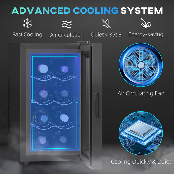 HOMCOM Mini Freestanding Wine Cooler Fridge, 8 Bottle, 21L, 26.5cm Quiet Thermoelectric Under Counter Drinks Beer Wine Fridge with Glass Door, LED Light, Digital Touch Screen, Temperature Control