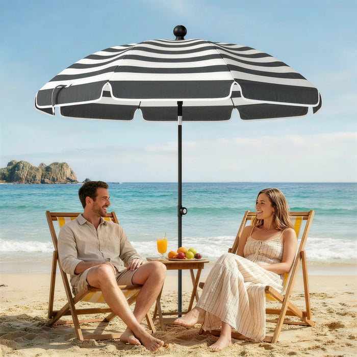 Outsunny 1.8 m Beach Umbrella Parasol with Sand Anchor, Portable 30° Tilting Patio Sun Shade with Adjustable Height, Grey/White