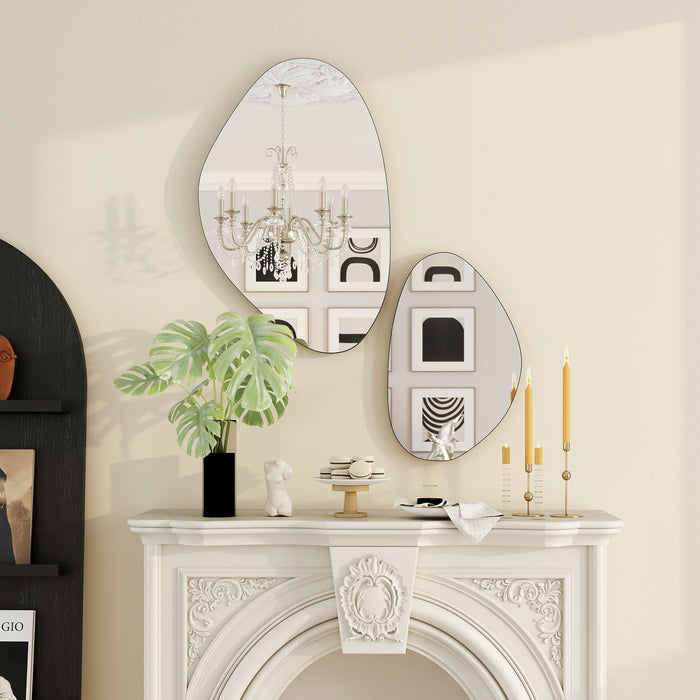 HOMCOM Set of 2 Pebble-Shaped Wall Mirror - Black