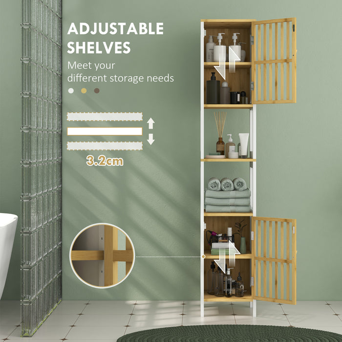 HOMCOM Bamboo-Blend Retro Cut-Out Tall Bathroom Storage Unit