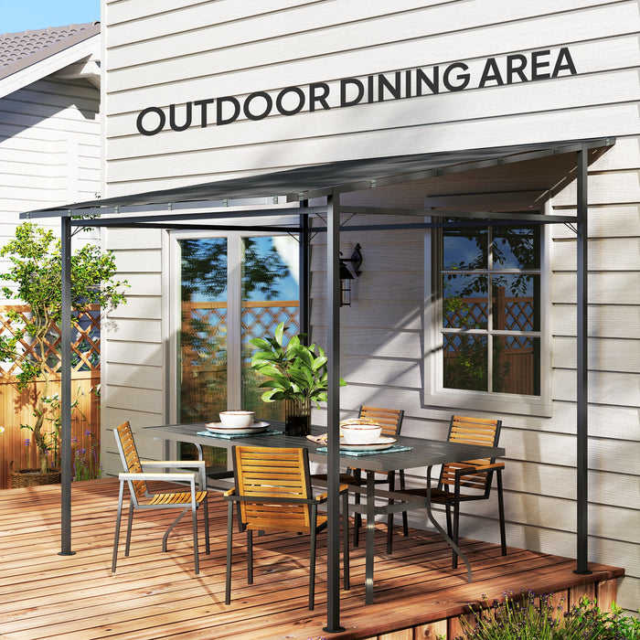 Outsunny 2.4 x 2.4 m Wall Mounted Pergola Gazebo with PA Coating Fabric and Metal Frame, UPF30+, Lean to Garden Gazebo, Wind Resistant Outdoor Sun Shade Shelter for Garden, Deck, Dark Grey