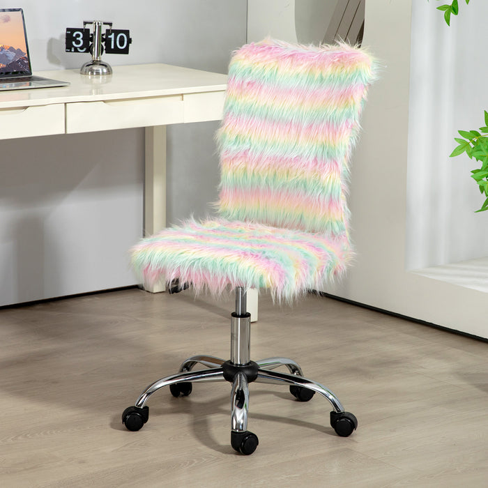HOMCOM Armless Computer Desk Chair, Fluffy Fabric Swivel Office Chair, Makeup Vanity Chair with Height Adjustable, Wheels, for Home Study Bedroom, Unicorn Tone | Aosom UK