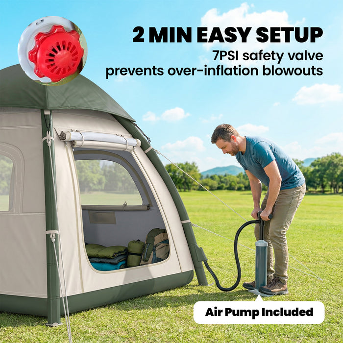 Outsunny Inflatable Camping Tent with Rainfly, 3 Man Air Tent 3000mm Waterproof Blow Up Tents, Beige
