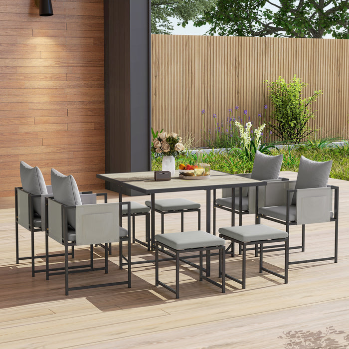 Outsunny 9 Piece Garden Dining Set, Cube Outdoor Garden Furniture Set with Cushions, 8 Seater Garden Table and Chairs with 4 Stools, Square PSPC Plastic Top Table, Side Pockets for Patio, Grey