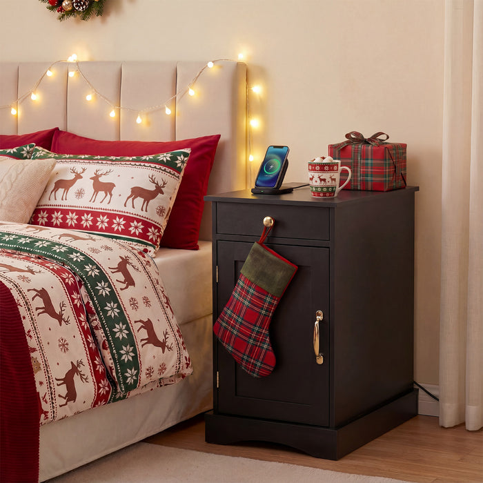 End Table Narrow Nightstand Bedside Table with Charging Station-