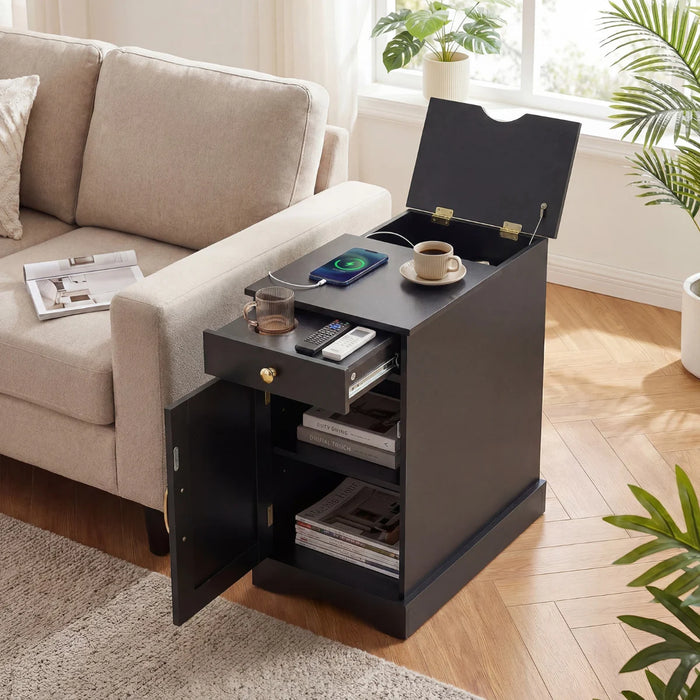 End Table Narrow Nightstand Bedside Table with Charging Station-