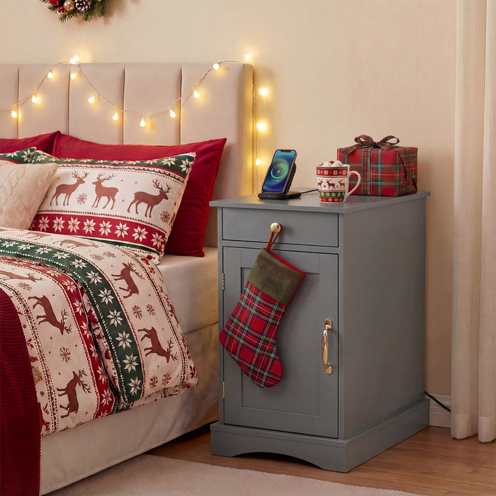 End Table Narrow Nightstand Bedside Table with Charging Station-