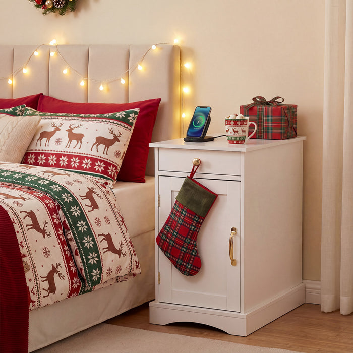 End Table Narrow Nightstand Bedside Table with Charging Station-