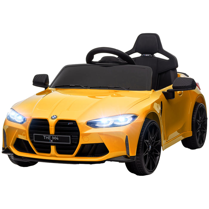 BMW M4 Kids Ride-On Car - 12V Battery-Powered with Remote Control, Suspension, Music Player, Horn, LED Lights - Interactive Playtime for Children in Bright Yellow