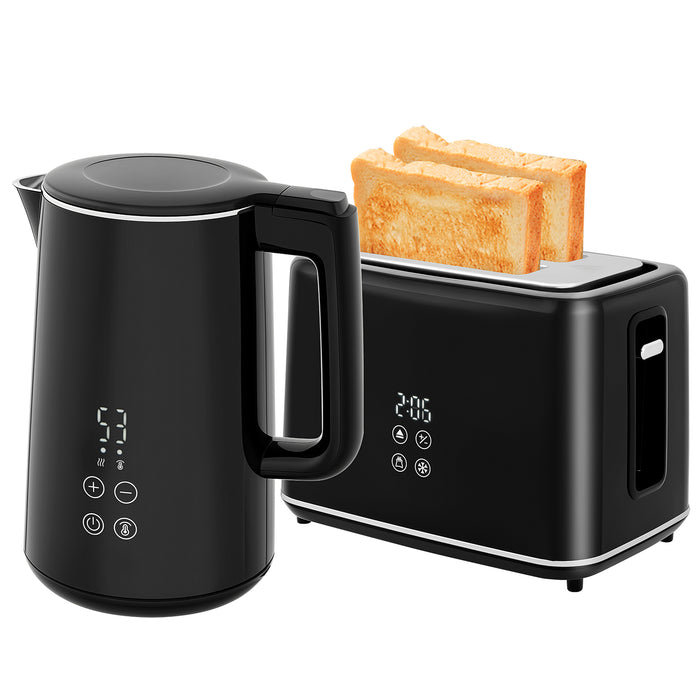 HOMCOM Kettle and Toaster Set, 1.5L 3000W Fast Boil Kettle with Insulation & 2 Slice Toaster Kitchen Set with 7 Level Browning Controls, Defrost, Reheat and Crumb Tray, Black