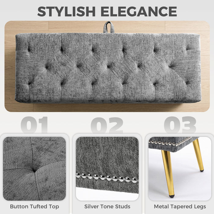 HOMCOM Storage Ottoman, Chenille Upholstered Ottoman Storage Box with Padded Seat, Metal Legs, 114 x 41 x 45 cm, Grey