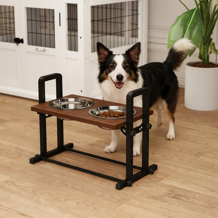 PawHut Raised Dog Bowls with Stand, 4 Heights Adjustable Pet Feeder with 3 Adjustable Angles for Small, Medium & Large Breeds, Brown