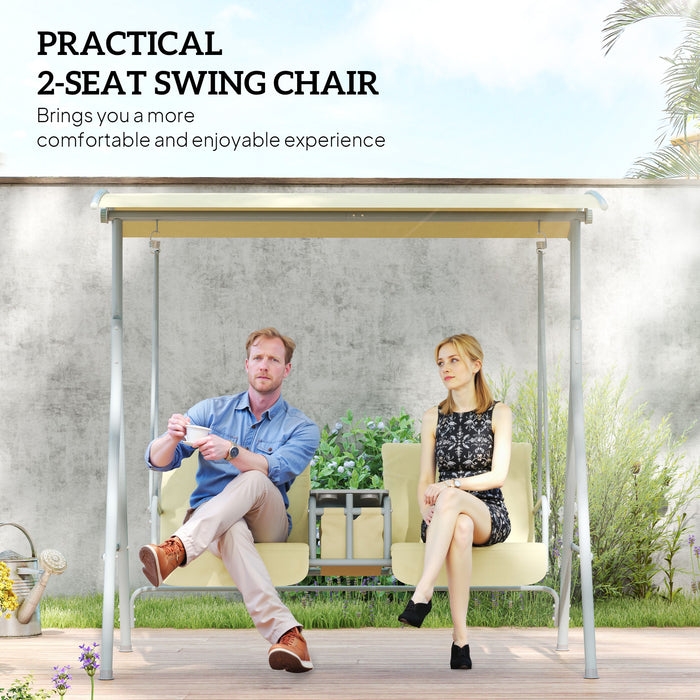 Outsunny 2 Seater Garden Swing Chair Patio Rocking Bench w/ Tilting Canopy, Double Padded Seats, Storage Bag and Tray, Beige